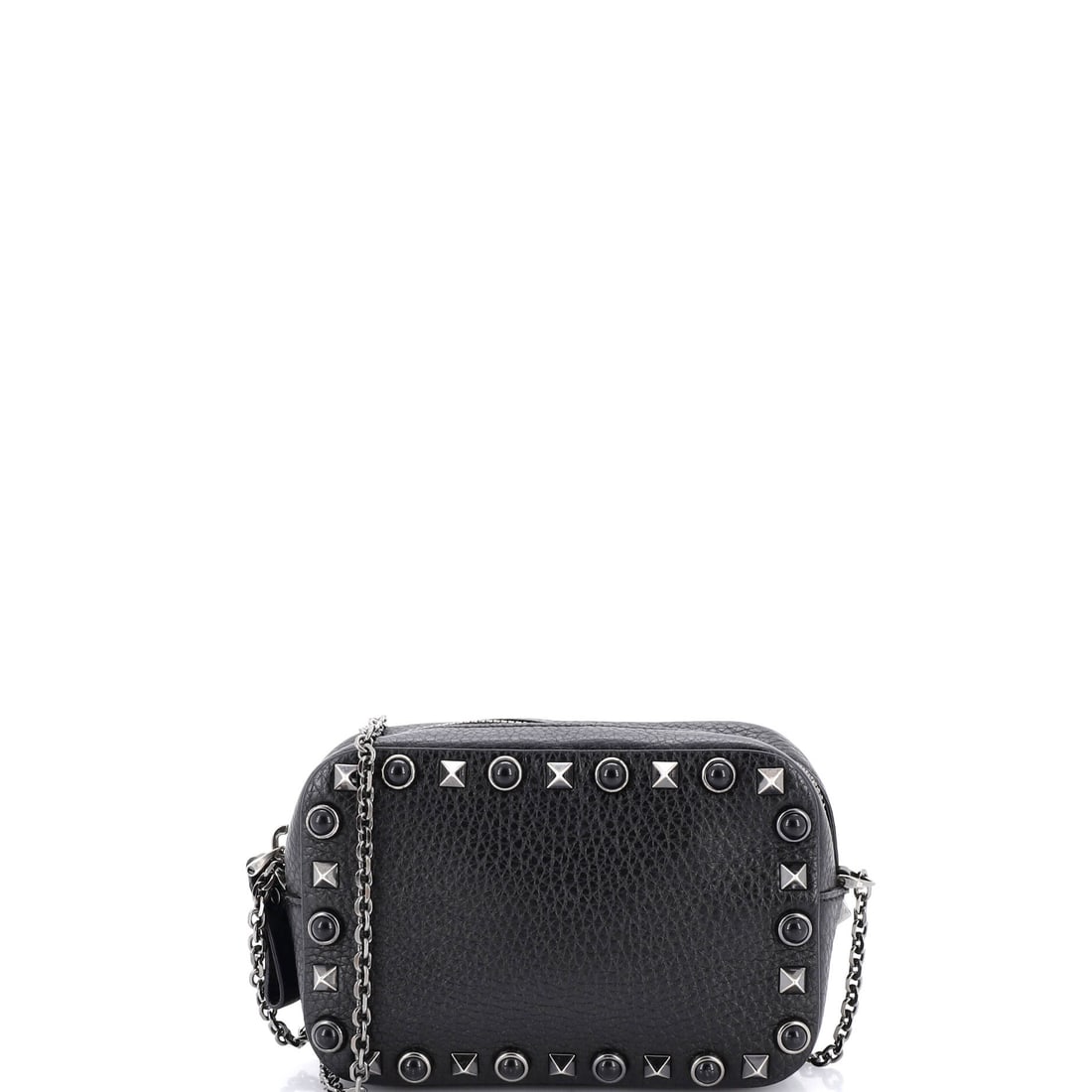 Valentino Garavani Rolling Rockstud Camera Crossbody Bag Leather with Cabochons: The Valentino Garavani Rolling Rockstud Camera Crossbody Bag carries a stance the maison has refined across many iterations into something instantly recognizable. It is constructed in Leather with Cab