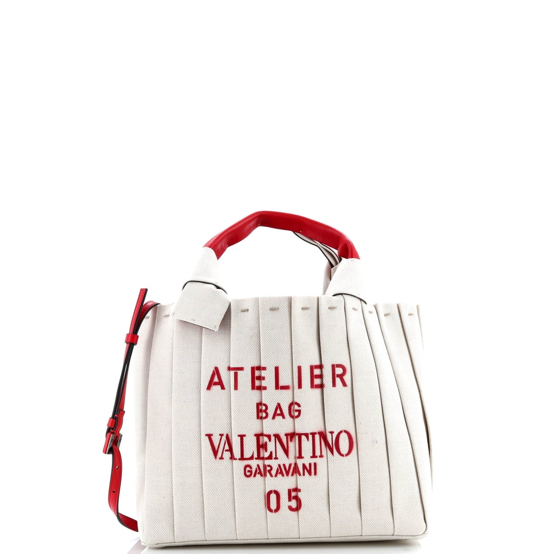 Valentino Garavani Atelier 05 Tote Pleated Canvas Medium: Valentino Garavani built the Atelier 05 Tote as a piece that holds its own in a wardrobe rather than competing with it. Cut in Pleated Canvas, it has the considered hand a careful collector recognizes