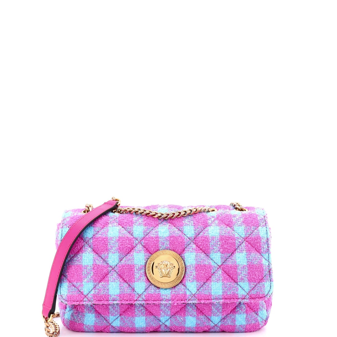 Versace Medusa Icon Chain Flap Bag Quilted Tweed East West: The Medusa Icon Chain Flap Bag sits in Versace's most quietly confident silhouette family, where line and weight do the talking. It is finished in tweed, the woven multi-thread textile Chanel made