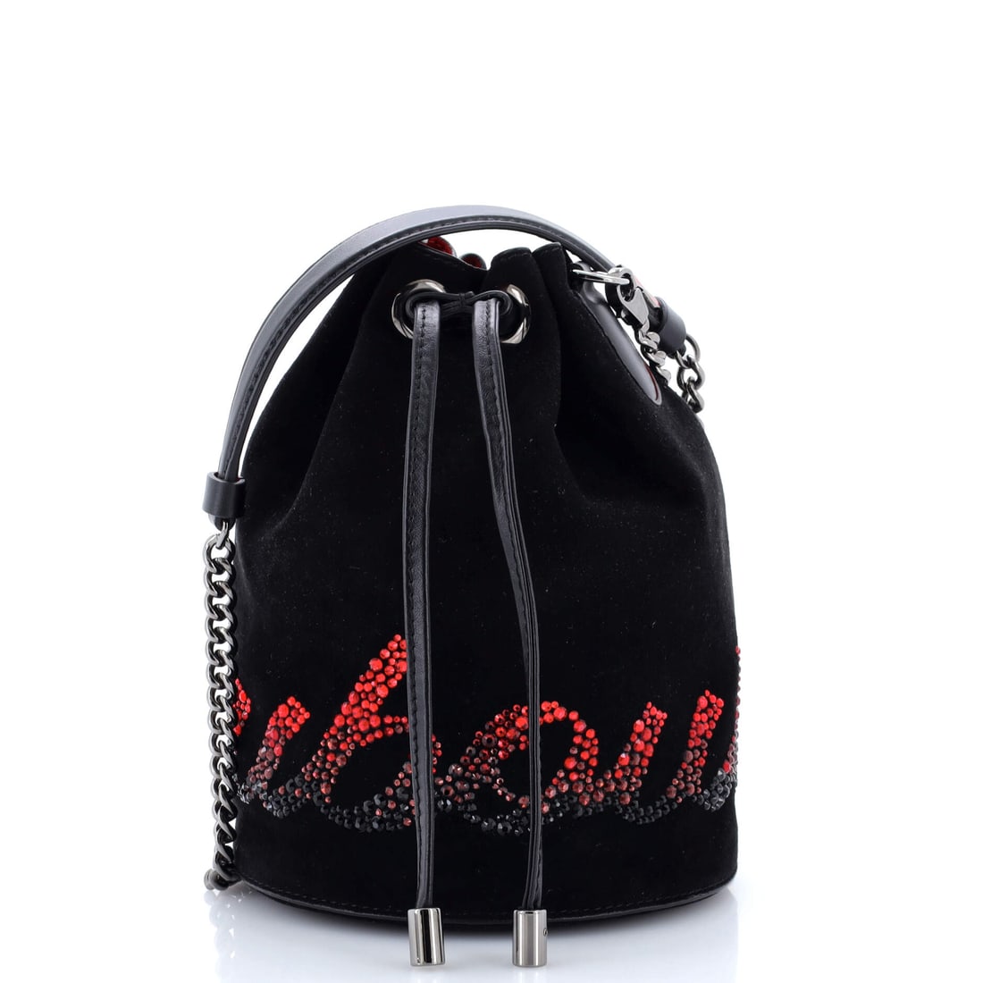 Christian Louboutin Marie Jane Bucket Bag Embellished Suede: Christian Louboutin built the Marie Jane Bucket Bag as a piece that holds its own in a wardrobe rather than competing with it. It is constructed in Embellished Suede, with the kind of considered