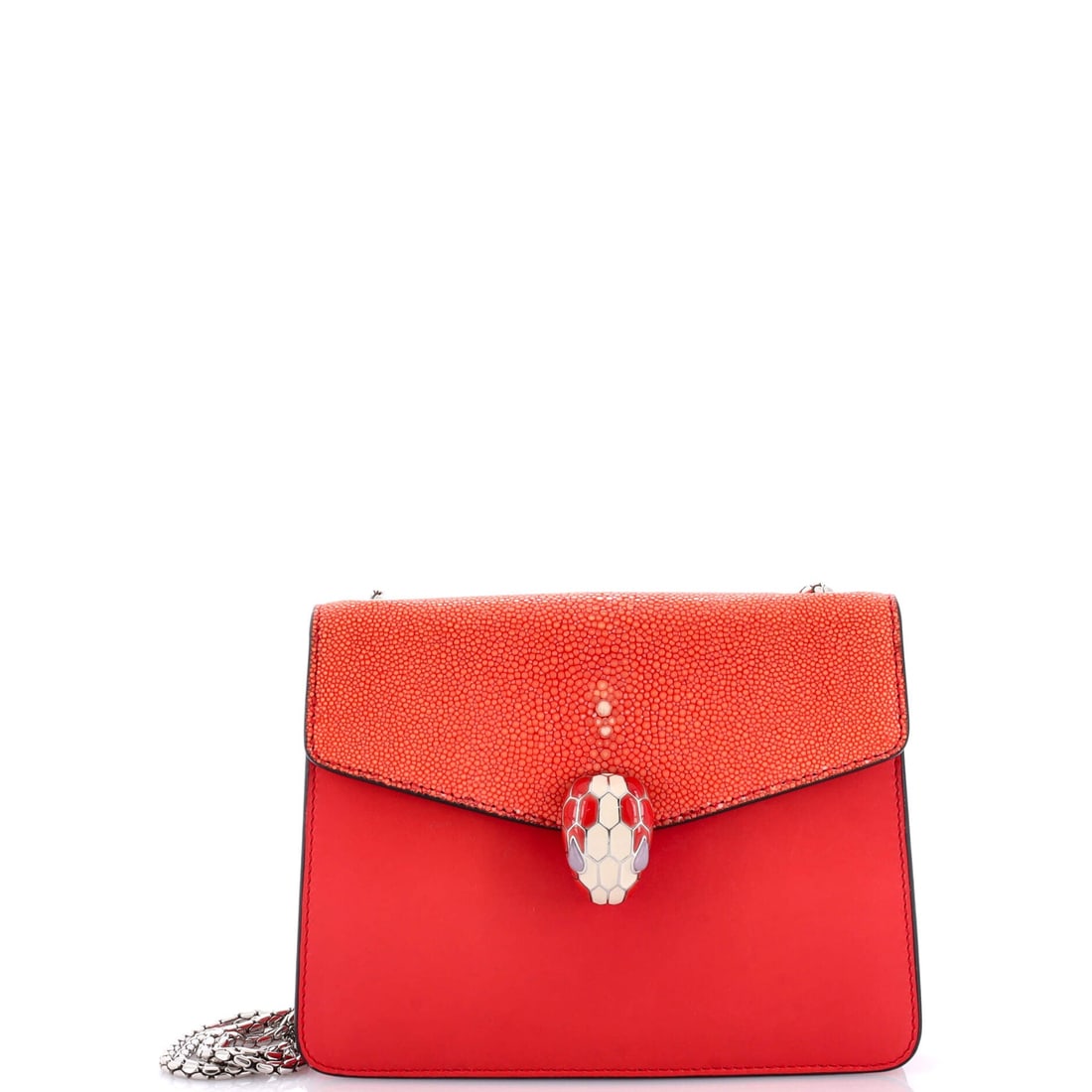 Bvlgari Serpenti Forever Square Shoulder Bag Leather and Stingray Small: Within Bvlgari's catalog, the Serpenti Forever Square Shoulder Bag occupies the territory between everyday tote and editorial carry. It is constructed in Leather and Stingray, with the kind of conside