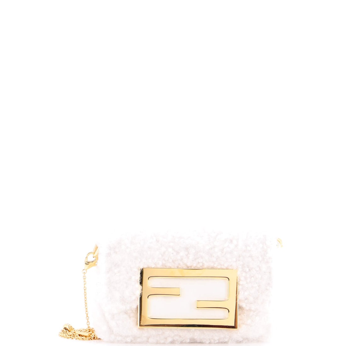 Fendi Chain Baguette Charm Bag Shearling Nano: Fendi built the Chain Baguette Charm Bag as a piece that holds its own in a wardrobe rather than competing with it. The leatherwork is in shearling, the plush sheepskin worn pelt-side in, the kind of 