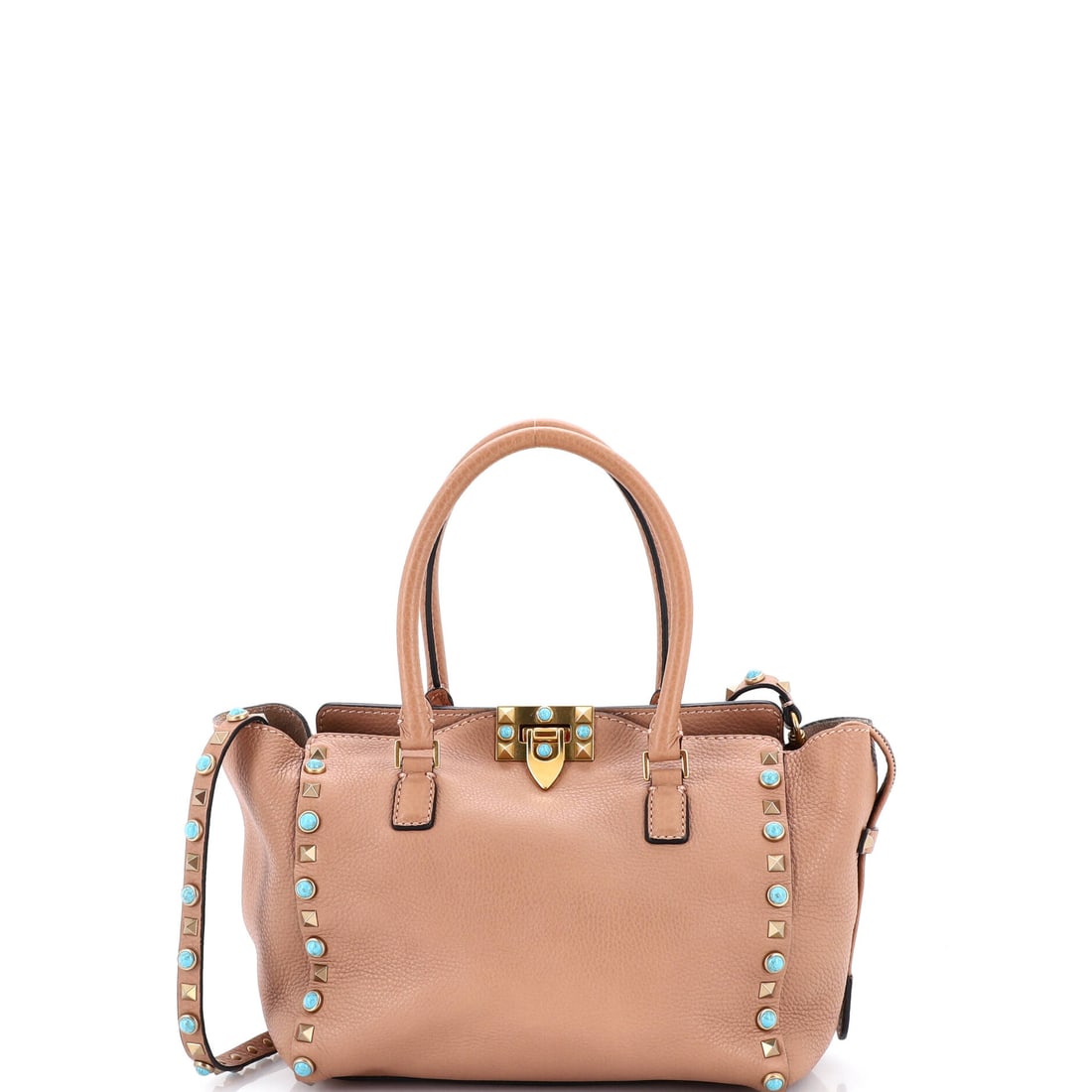 Valentino Garavani Rolling Rockstud Tote Leather with Cabochons Small: Valentino Garavani's Rolling Rockstud Tote reads first as architecture and only second as accessory, which is the highest compliment for a house bag. It is constructed in Leather with Cabochons, with 
