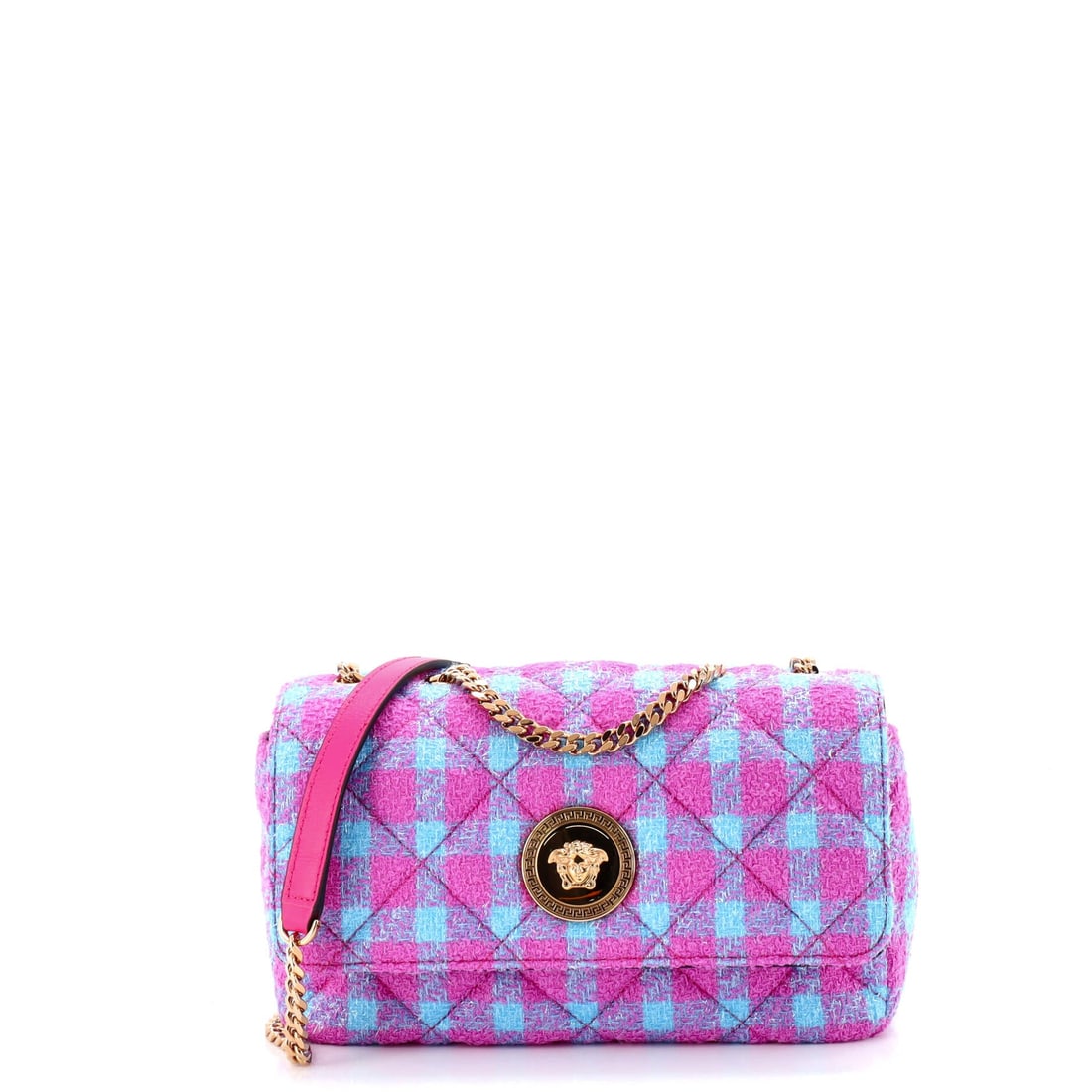 Versace Medusa Icon Chain Flap Bag Quilted Tweed East West: This Versace Medusa Icon Chain Flap Bag arrives through Maison de Beaubigonne's trade channel with the silhouette the house treats as a fixture in its core lineup. Construction sits in tweed, the wove