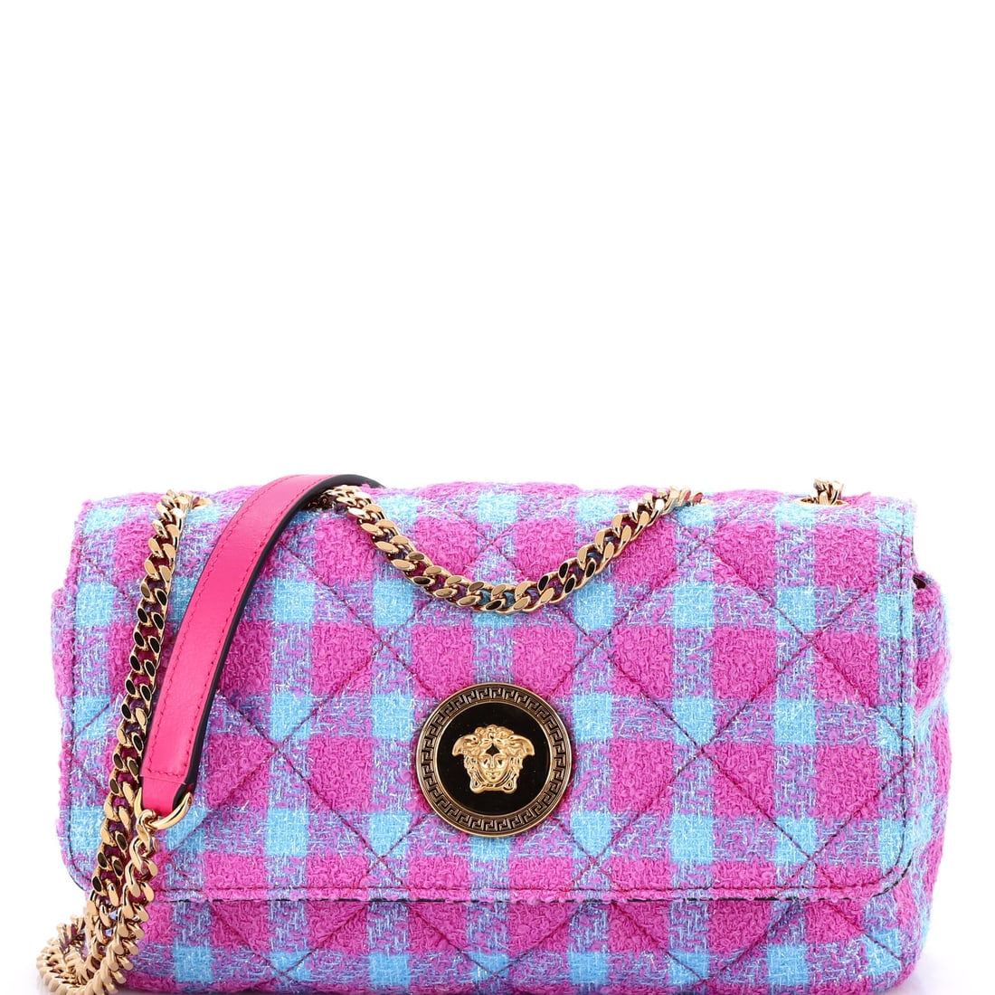 Versace Medusa Icon Chain Flap Bag Quilted Tweed East West: From the Versace archive, the Medusa Icon Chain Flap Bag carries the kind of architecture that translates clearly across daytime, travel, and evening rotation. The build is in tweed, the woven multi-t