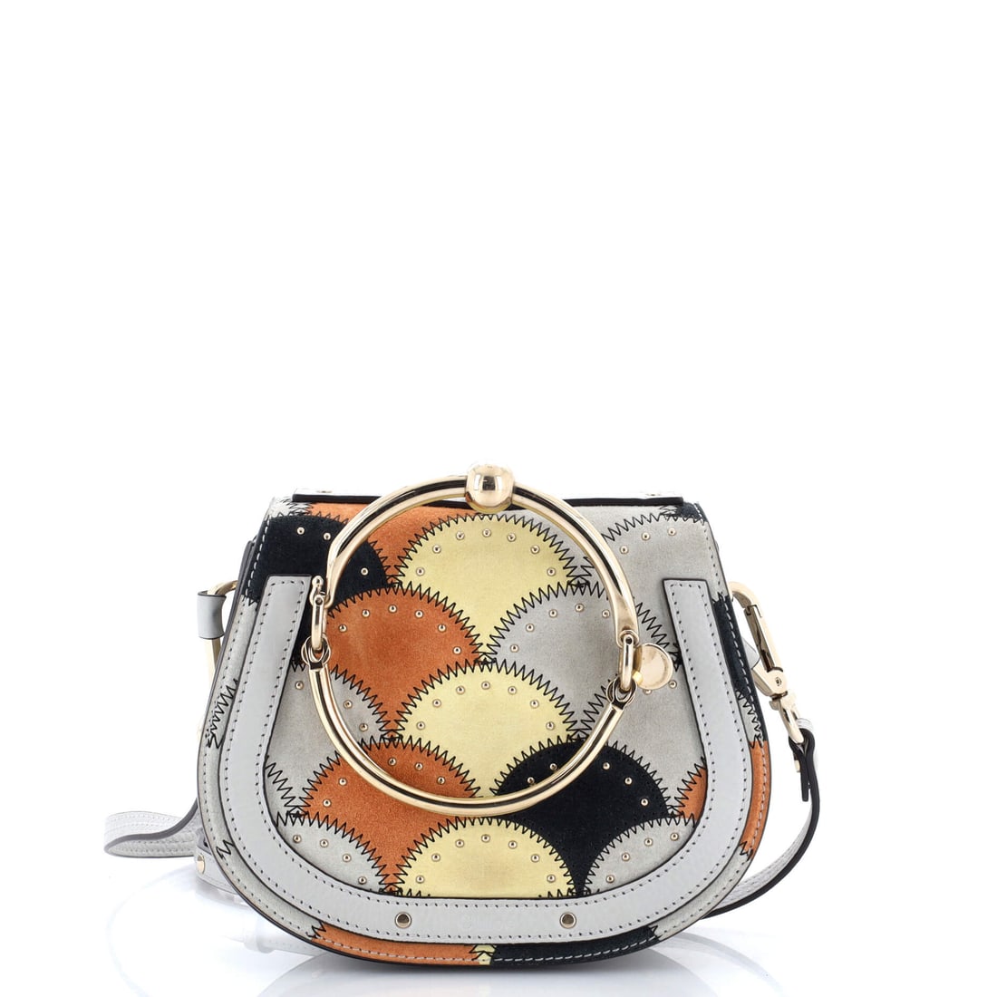 Chloe Nile Patchwork Crossbody Bag Studded Leather with Suede Small: Chloe built the Nile Patchwork Crossbody Bag as a piece that holds its own in a wardrobe rather than competing with it. Worked in Studded Leather with Suede, the surface carries a measured, well-bred 