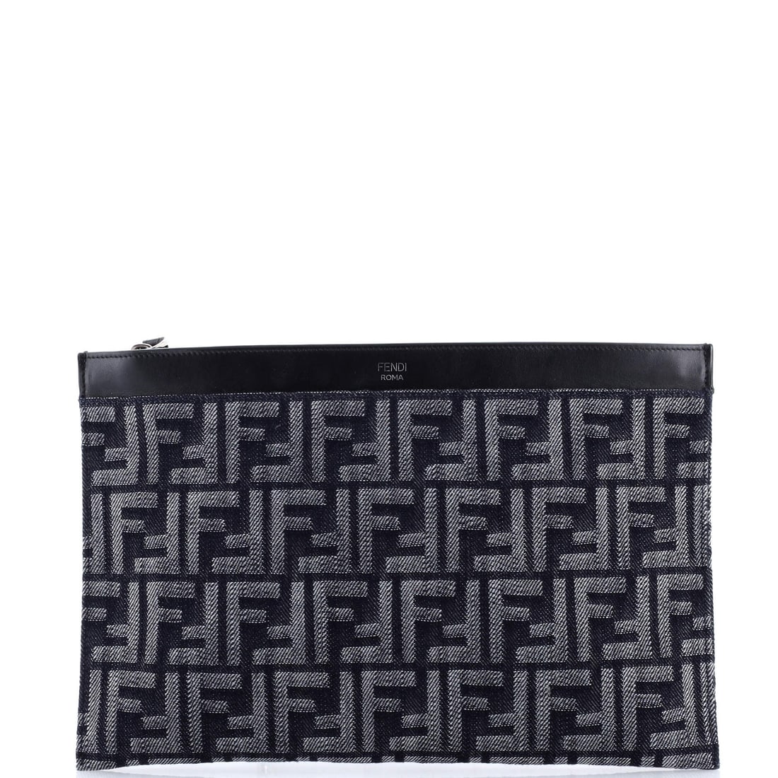 Fendi Flat Zip Wristlet Pouch Zucca Denim Medium: Fendi's Flat Zip Wristlet Pouch arrives as a soft-hand pouch from the house's leather-goods library, polished enough to read as deliberate at any scale. It is finished in the Zucca, Fendi's archival d