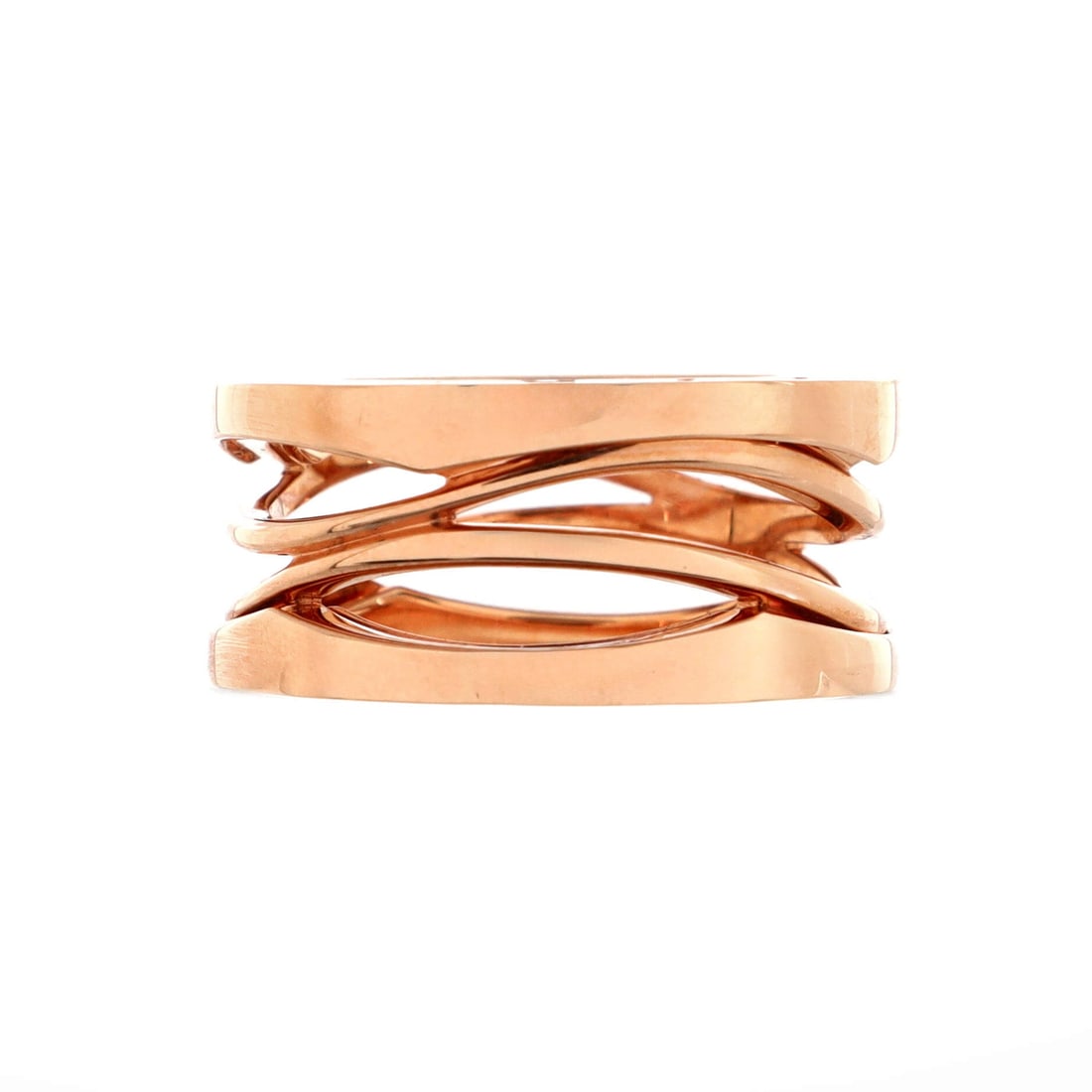 Bvlgari B.Zero1 Design Legend Zaha Hadid Three Band Ring 18K Rose Gold 6-52: Worked in rose gold, the Bvlgari B.Zero1 Design Legend Zaha Hadid Three Band Ring reads sculptural rather than oversized. Worked in 18K Rose Gold. Its finger-print reads sculptural rather than oversiz
