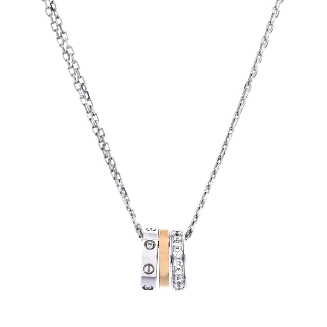 Cartier Love 3 Ring Pendant Necklace 18K Rose Gold and 18K White Gold with Diamonds: Linked with care, the Cartier Love 3 Ring Pendant Necklace threads its motif from clasp to charm with a single fluent gesture. Worked in 18K Rose Gold and 18K White Gold with Diamonds. The chain lengt