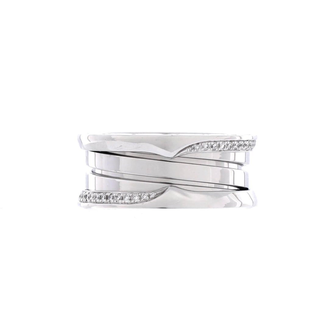 Bvlgari B.Zero1 Three Band Ring 18K White Gold with Diamonds 6-52: Band-confident, the Bvlgari B.Zero1 Three Band Ring carries house-signature confidence. Worked in 18K White Gold with Diamonds. Its finger-print reads sculptural rather than oversized, which keeps the