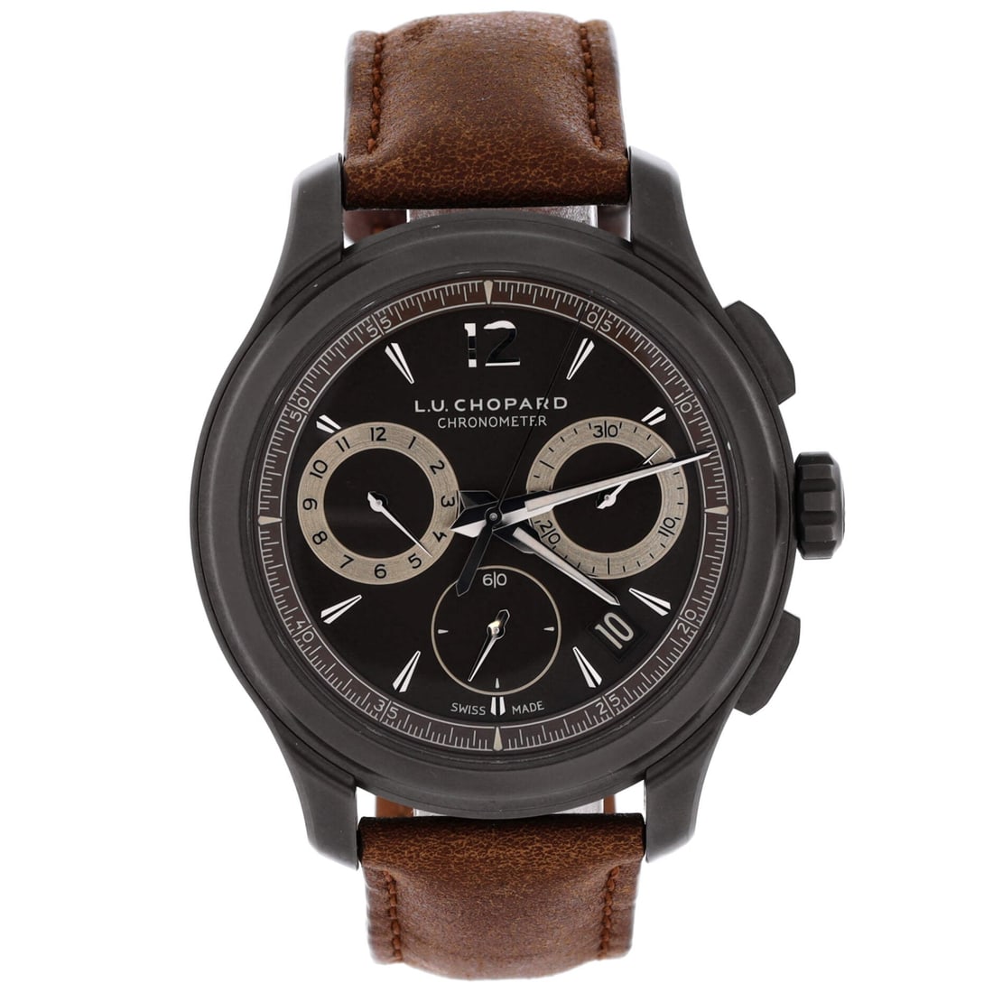 Chopard L.U.C Chrono One Flyback Automatic Watch Titanium and Leather 42: Set in polished metal, the Chopard L.U.C Chrono One Flyback Automatic Watch layers movement, dial, and bracelet into one fluent silhouette. Worked in Titanium and Leather. The case proportion lands in