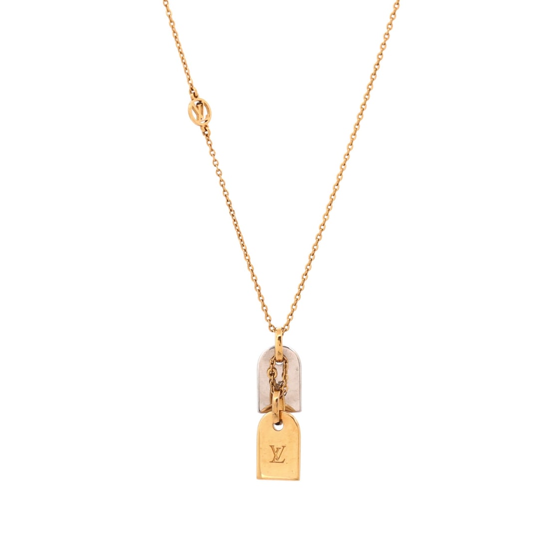 Louis Vuitton Nanogram Name Tag Pendant Necklace Metal: Cast in sterling silver, the Louis Vuitton Nanogram Name Tag Pendant Necklace pulls focus to the collarbone with composed restraint. Worked in Metal. The chain length reads as classic mid-collar, wher