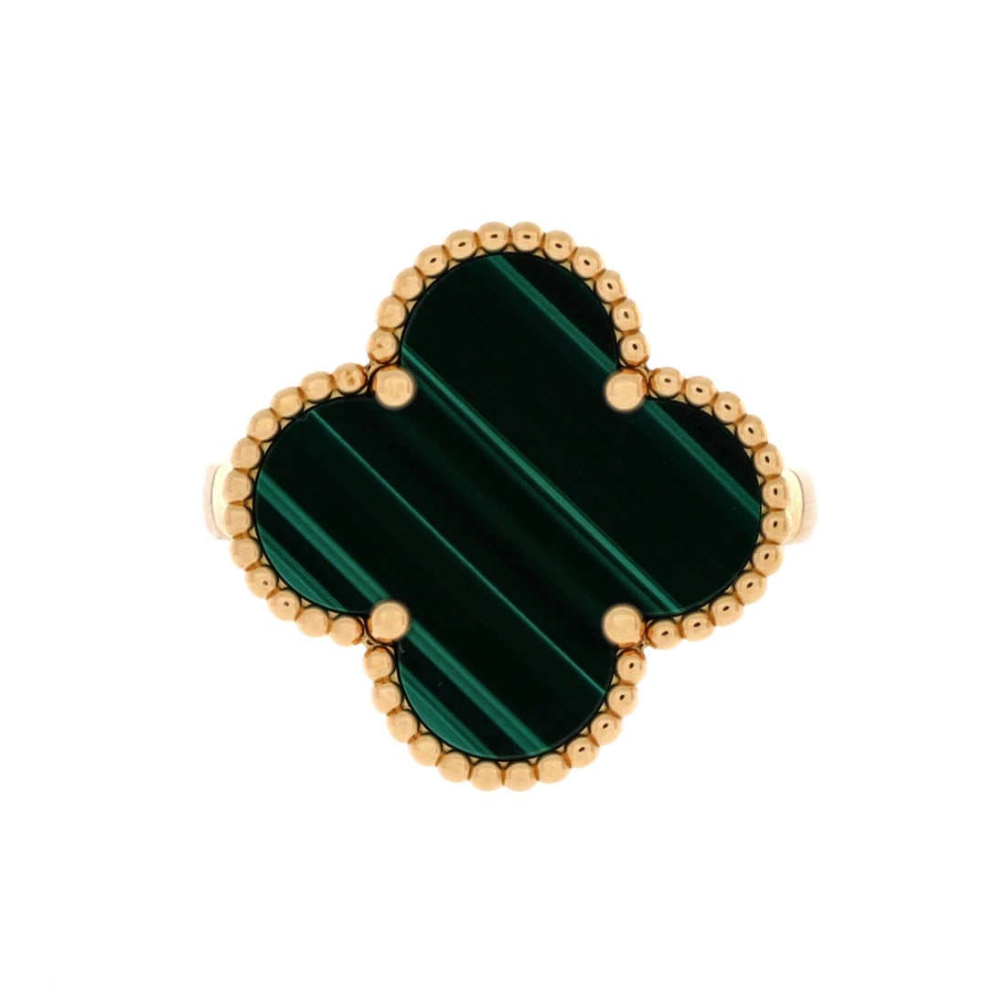 Van Cleef & Arpels Magic Alhambra Ring 18K Yellow Gold with Malachite 5: Stack-tuned, the Van Cleef & Arpels Magic Alhambra Ring sits low and architectural on the hand. Worked in 18K Yellow Gold with Malachite. Its finger-print reads sculptural rather than oversized, which