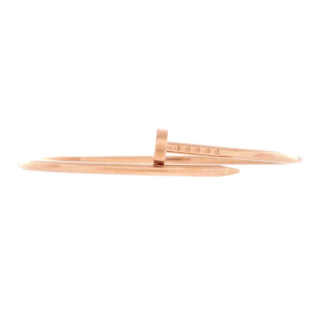 Cartier Juste un Clou Bracelet 18K Rose Gold Small: Polished in rose gold, the Cartier Juste un Clou Bracelet pairs a controlled silhouette with the supple movement of a well-built bangle. Worked in 18K Rose Gold. The articulation traces the wrist clos
