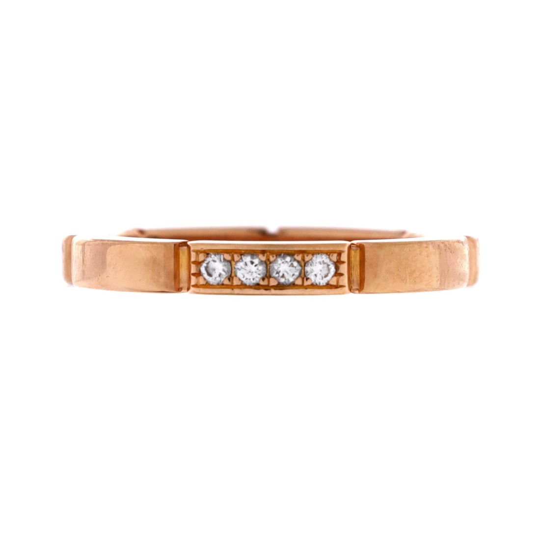 Cartier Maillon Panthere Band Ring 18K Rose Gold with 4 Diamonds 5.25-50: Polished in rose gold, the Cartier Maillon Panthere Band Ring brings a precise sense of mass to a daily stack. Worked in 18K Rose Gold with 4 Diamonds. The band width sits in the wearable-stack range,
