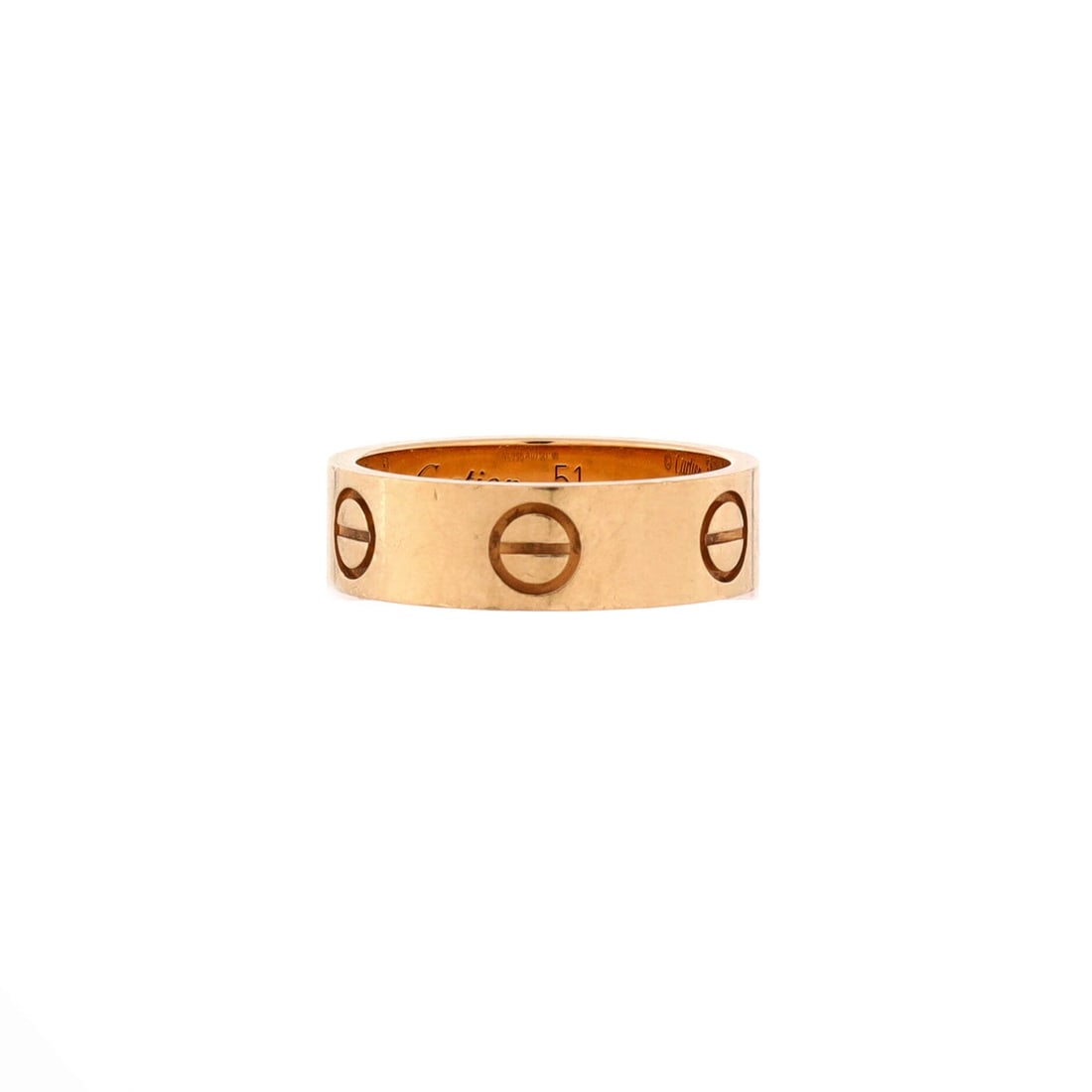 Cartier Love Band Ring 18K Yellow Gold 5.75-51: Drawn in yellow gold, the Cartier Love Band Ring keeps its band proportion exactly where the hand wants it. Worked in 18K Yellow Gold. Its finger-print reads sculptural rather than oversized, which ke