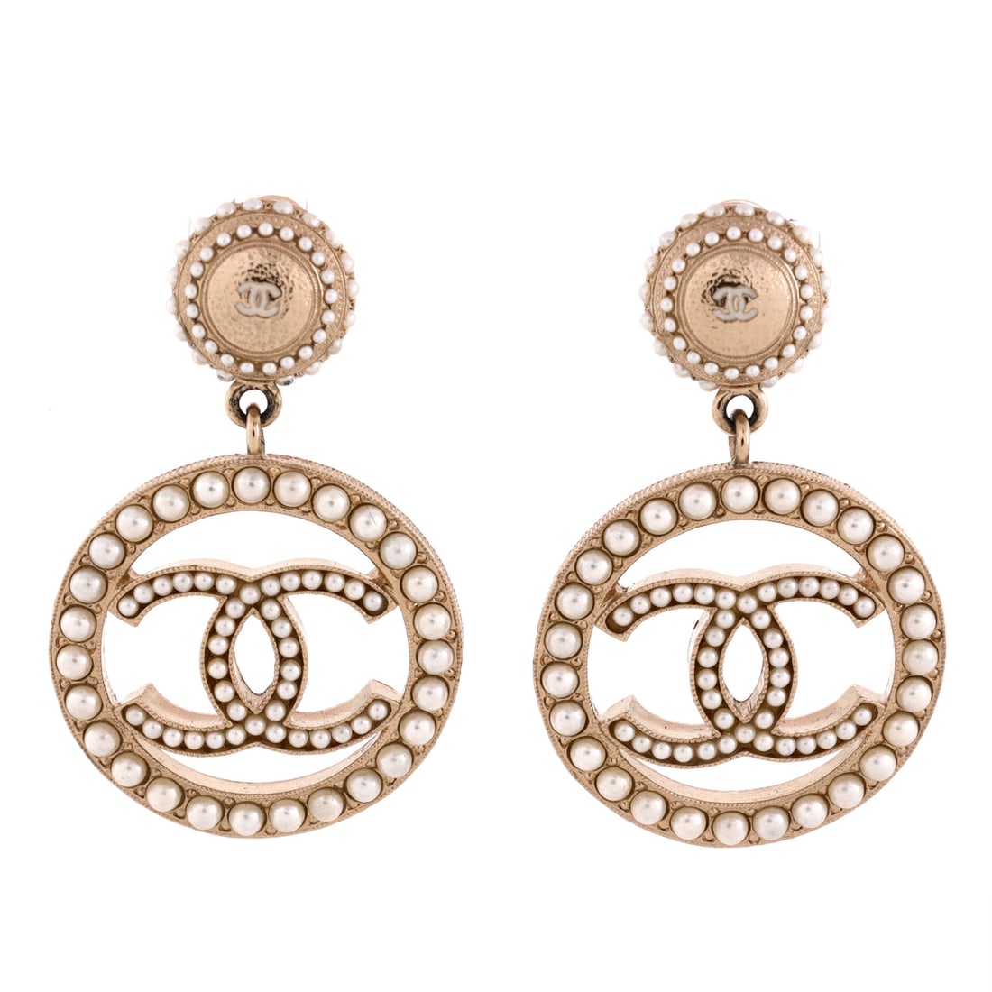 Chanel Round CC Cut Out Drop Earrings Metal with Faux Pearls: Set in polished gold, the Chanel Round CC Cut Out Drop Earrings pairs sculptural calm with house-signature lift. Worked in Metal with Faux Pearls. The drop is calibrated for daily wear, just enough mo