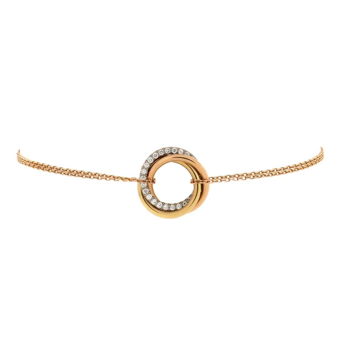Cartier Trinity Chain Bracelet 18K Tricolor Gold and Diamonds: Stack-ready, the Cartier Trinity Chain Bracelet reads as both structural and feminine. Worked in 18K Tricolor Gold and Diamonds. The wrist fit is tuned for daily wear, easy to slide on without overpow
