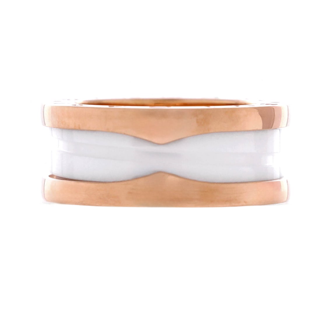 Bvlgari B.Zero1 Two Band Ring 18K Rose Gold and Ceramic 4.75-49: Rendered in rose gold, the Bvlgari B.Zero1 Two Band Ring brings a precise sense of mass to a daily stack. Worked in 18K Rose Gold and Ceramic. Its finger-print reads sculptural rather than oversized, 