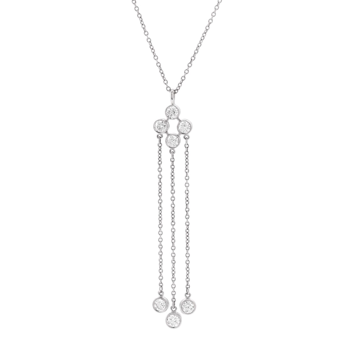 Tiffany & Co. Jazz Triple Drop Pendant Necklace Platinum and Diamonds: Layered to wear, the Tiffany & Co. Jazz Triple Drop Pendant Necklace carries its motif with quiet authority. Worked in Platinum and Diamonds. Its proportions slip cleanly under a collar yet read disti