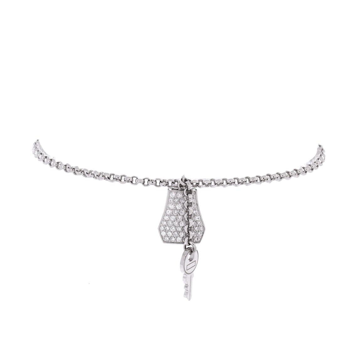 Hermes Kelly Clochette Chain Bracelet 18K White Gold with Pave Diamonds Small: Cast in white gold, the Hermes Kelly Clochette Chain Bracelet balances visual weight against an easy, everyday fit. Worked in 18K White Gold with Pave Diamonds. The articulation traces the wrist close