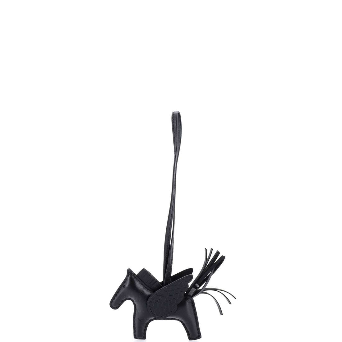 Hermes So Black Pegase Rodeo Touch Bag Charm Leather with Alligator PM: Pocket-scaled, the Hermes So Black Pegase Rodeo Touch Bag Charm carries house code into a single hooked detail. Worked in Leather with Alligator. Sized at 3 by 3.5 by 0.5 inches, the proportion reads 
