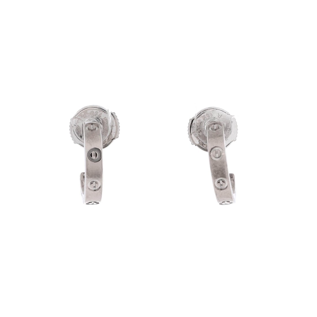Cartier Love Hoop Earrings 18K White Gold Small: Worked in white gold, the Cartier Love Hoop Earrings balances motion against measured scale. Worked in 18K White Gold. Sized at 12.45 by 2.7 inches, the proportion reads as deliberate without being ov