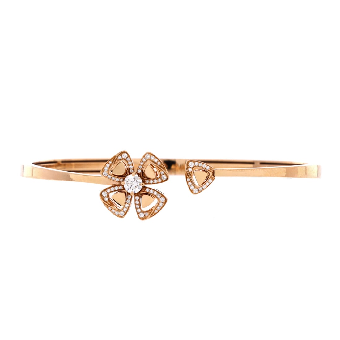 Bvlgari Fiorever Bangle Bracelet 18K Rose Gold with Pave Diamonds: Worked in rose gold, the Bvlgari Fiorever Bangle Bracelet brings considered proportion to a forearm-anchoring statement. Worked in 18K Rose Gold with Pave Diamonds. Its band proportion reads as substa