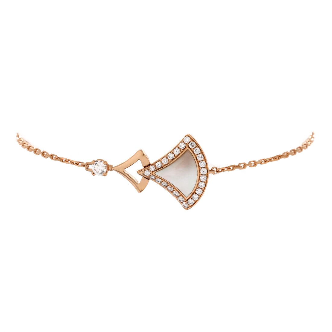 Bvlgari Divas' Dream Double Bracelet 18K Rose Gold with Mother of Pearl and Diamonds: Wrist-tuned, the Bvlgari Divas' Dream Double Bracelet balances visual weight against an easy, everyday fit. Worked in 18K Rose Gold with Mother of Pearl and Diamonds. The articulation traces the