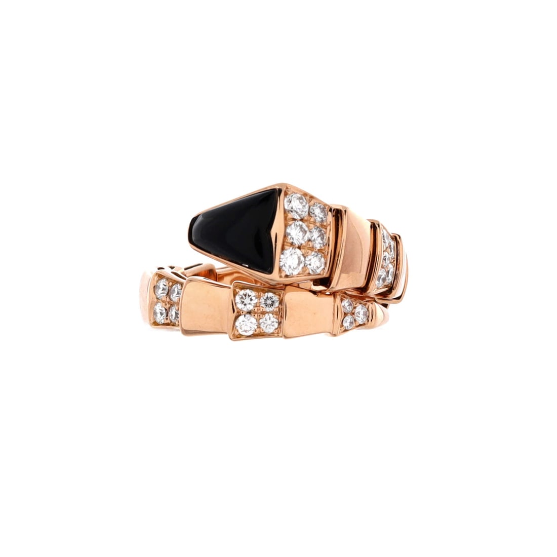 Bvlgari Serpenti Viper One-Coil Ring 18K Rose Gold with Onyx and Semi Pave Diamonds Wide: Rendered in rose gold, the Bvlgari Serpenti Viper One-Coil Ring brings a precise sense of mass to a daily stack. Worked in 18K Rose Gold with Onyx and Semi Pave Diamonds. Its finger-print reads