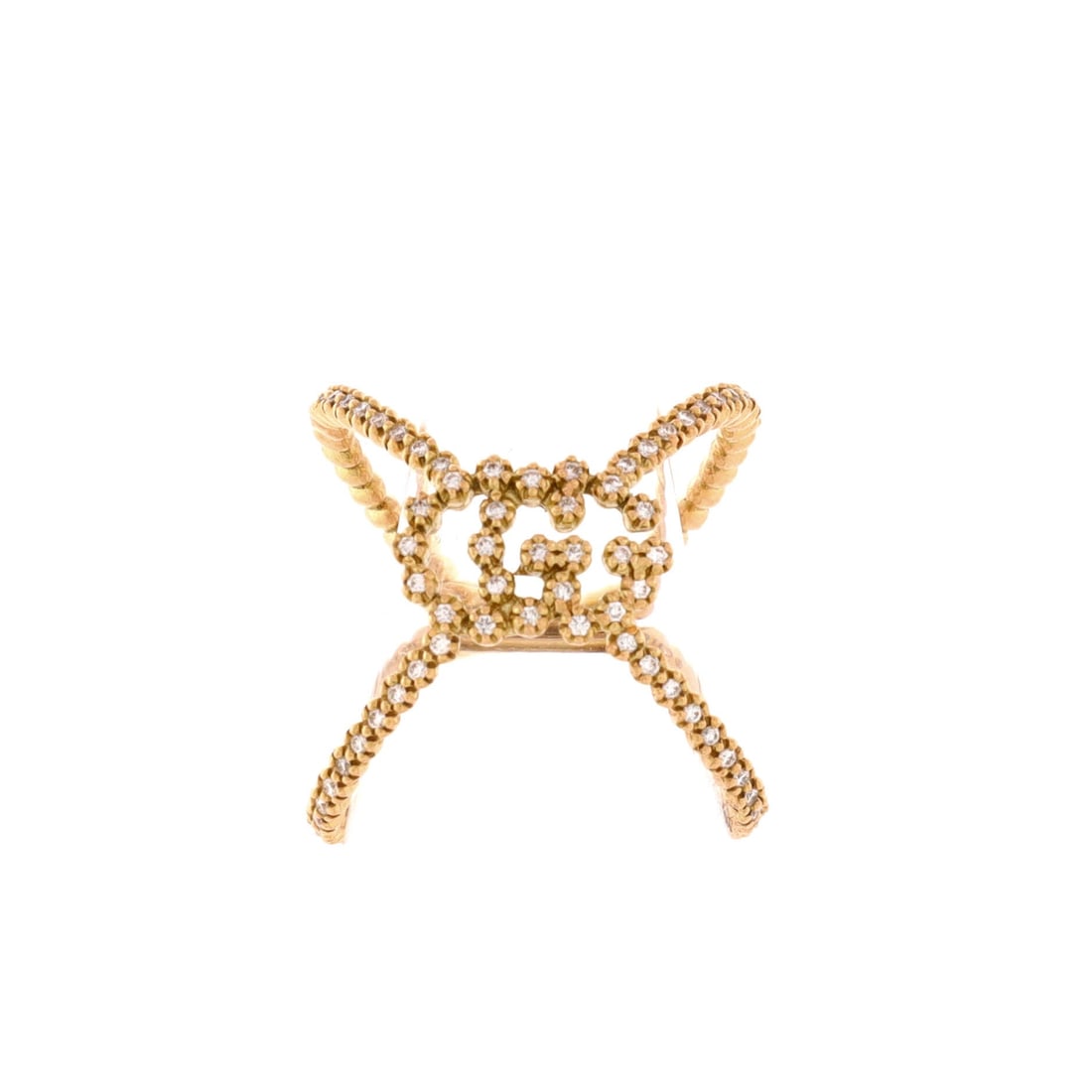 Gucci GG Running Cross Ring 18K Yellow Gold and Pave Diamonds 4.75-49: Drawn in yellow gold, the Gucci GG Running Cross Ring keeps its band proportion exactly where the hand wants it. Worked in 18K Yellow Gold and Pave Diamonds. The band width sits in the wearable-stack