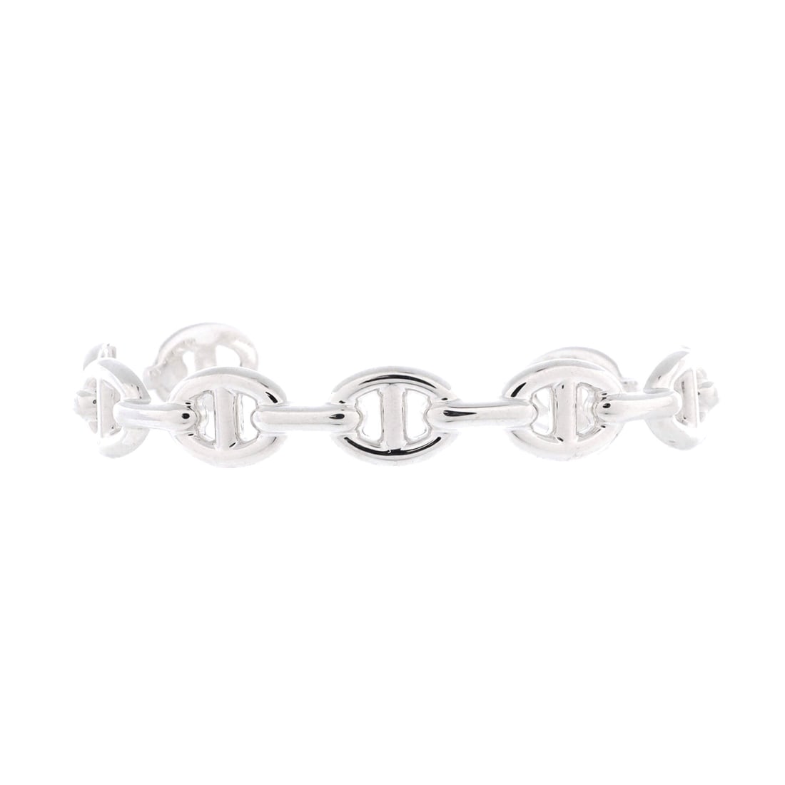 Hermes Chaine d'Ancre Enchainee Cuff Bracelet Sterling Silver Medium: Compact-linked, the Hermes Chaine d'Ancre Enchainee Cuff Bracelet reads as a daily-wear classic. Worked in Sterling Silver. The wrist fit is tuned for daily wear, easy to slide on without