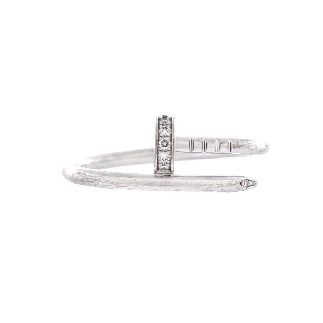Cartier Juste un Clou Ring 18K White Gold and Diamonds Small: Cast in white gold, the Cartier Juste un Clou Ring sits low and architectural on the hand. Worked in 18K White Gold and Diamonds. Mass-wise it lands in the comfortable mid-weight band that wears every