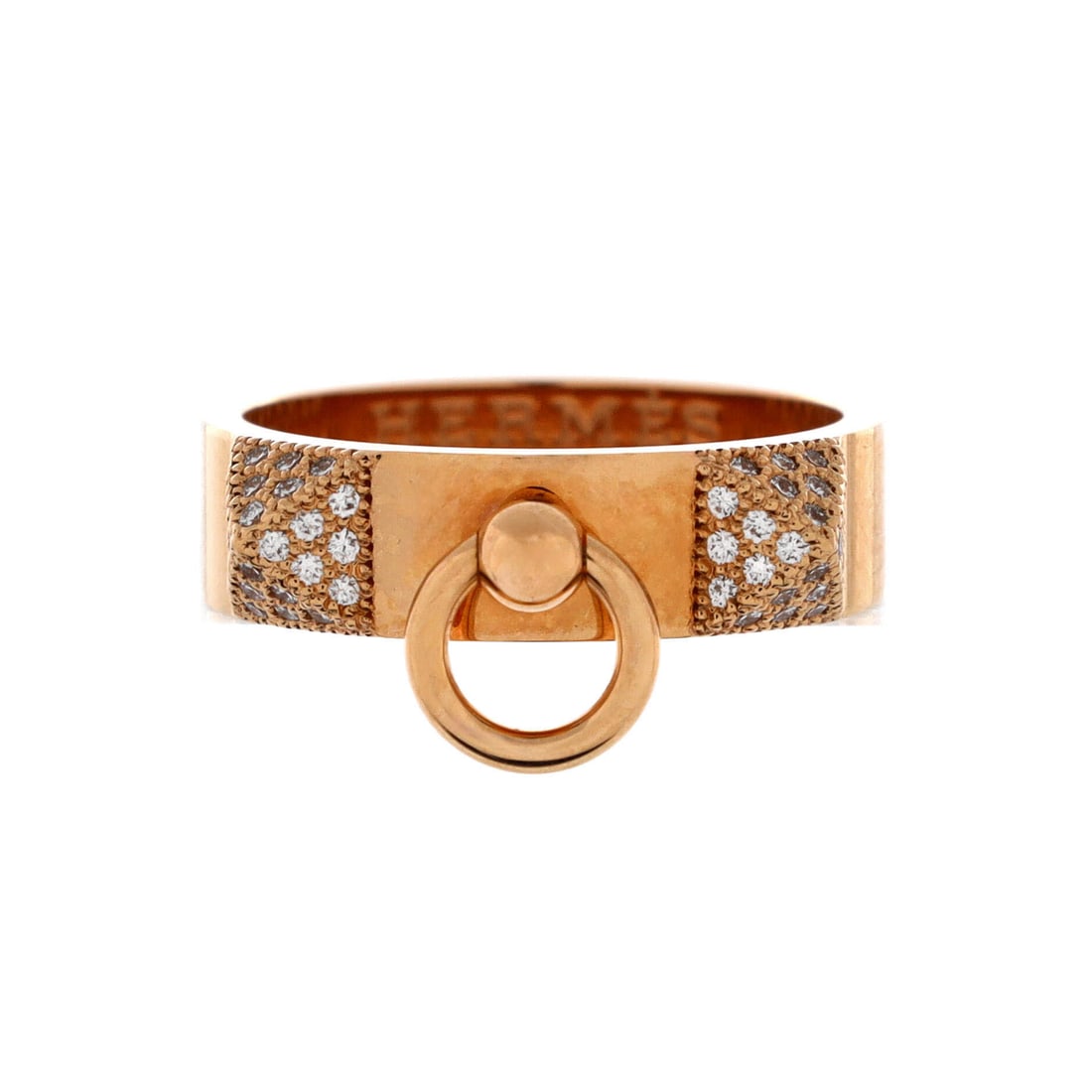 Hermes Collier de Chien Ring 18K Rose Gold and Diamonds Small: Polished in rose gold, the Hermes Collier de Chien Ring reads at finger-length scale with a confident, sculpted profile. Worked in 18K Rose Gold and Diamonds. Mass-wise it lands in the comfortable mid
