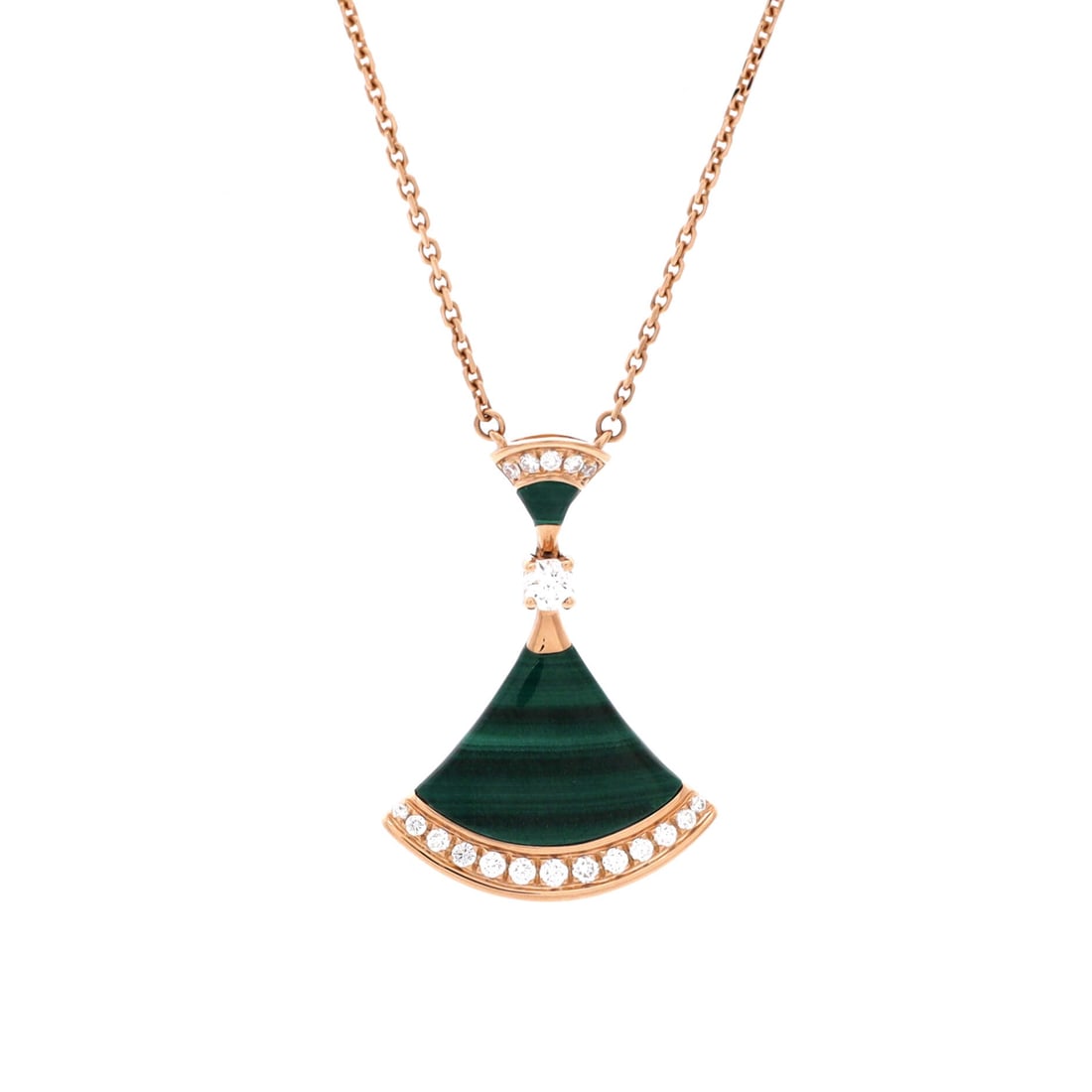 Bvlgari Divas' Dream Pendant Necklace 18K Rose Gold with Malachite and Diamonds Large: Linked with care, the Bvlgari Divas' Dream Pendant Necklace sits with elegant intent against the collarbone. Worked in 18K Rose Gold with Malachite and Diamonds. The chain length reads as classic mid-