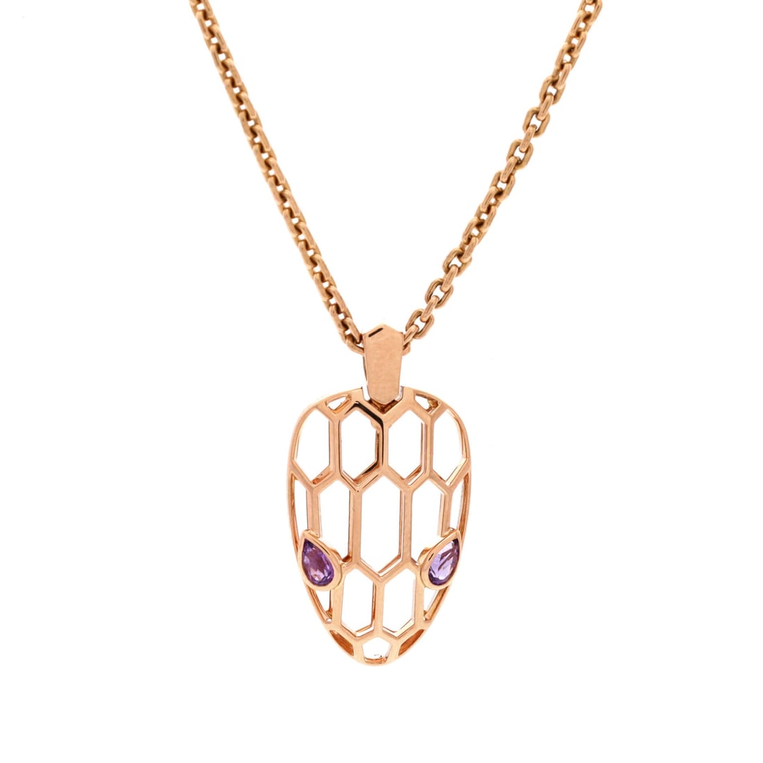 Bvlgari Serpenti Seduttori Pendant Necklace 18K Rose Gold with Amethyst: Crisply drawn, the Bvlgari Serpenti Seduttori Pendant Necklace balances proportion with a piece-of-jewelry confidence. Worked in 18K Rose Gold with Amethyst. The chain length reads as classic mid-coll