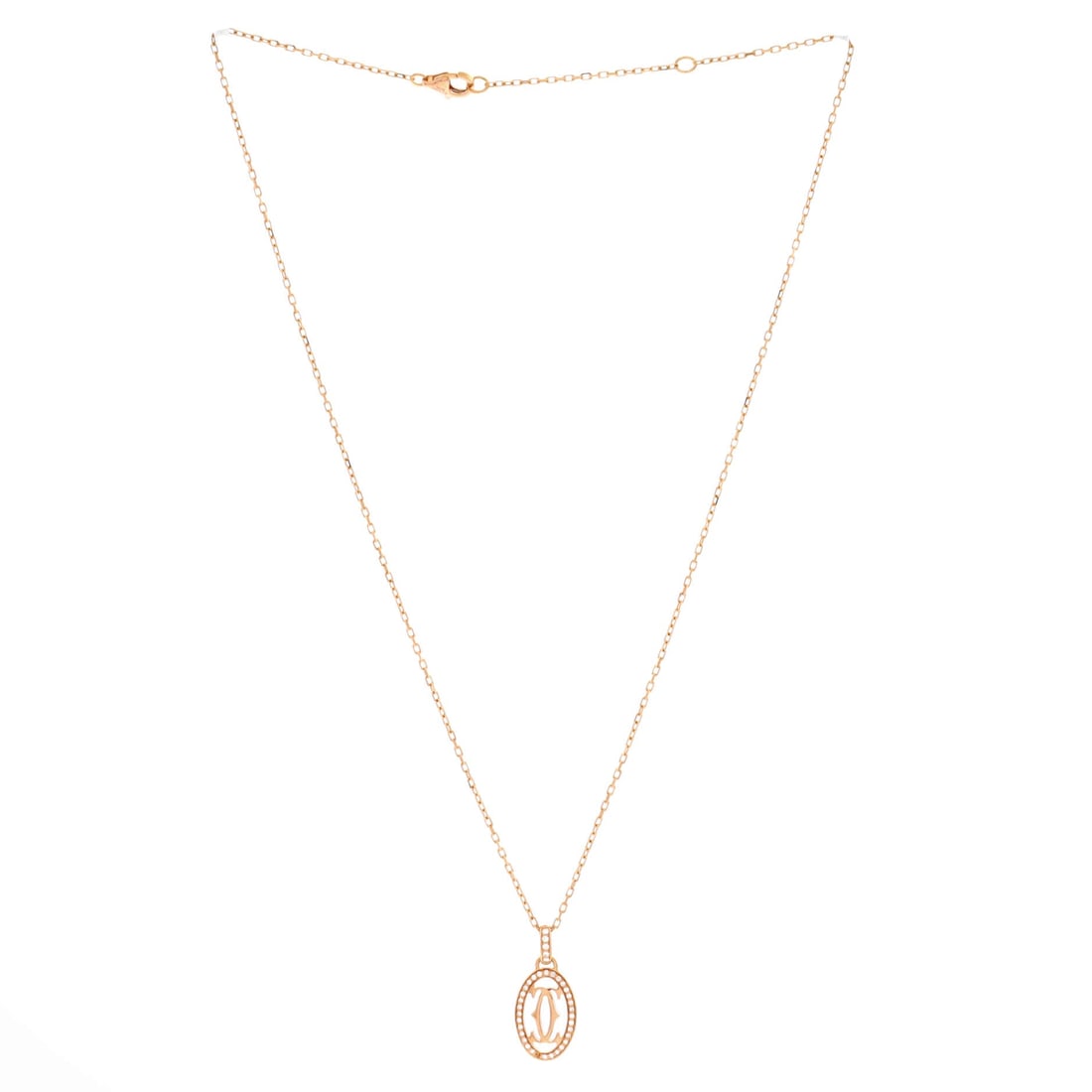 Cartier Double C de Cartier Pendant Necklace 18K Rose Gold and Diamonds: Layered to wear, the Cartier Double C de Cartier Pendant Necklace reads with the kind of clean line that holds attention without raising its voice. Worked in 18K Rose Gold and Diamonds. Its proportion
