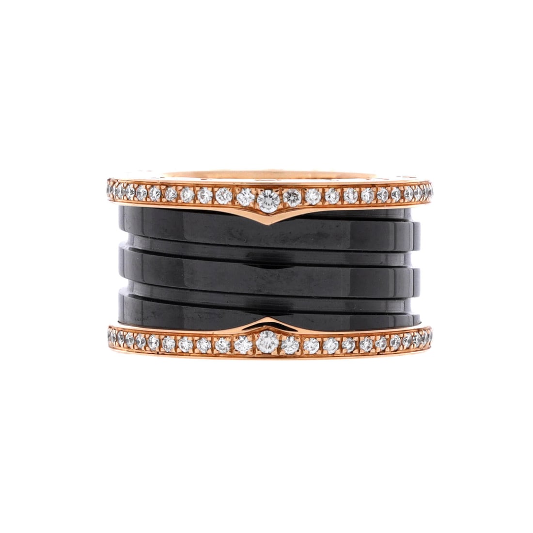 Bvlgari B.Zero1 Three Band Ring 18K Rose Gold and Ceramic with Diamonds 5.75-51: Cast in rose gold, the Bvlgari B.Zero1 Three Band Ring stays balanced through every angle of the hand. Worked in 18K Rose Gold and Ceramic with Diamonds. The band width sits in the wearable-stack rang