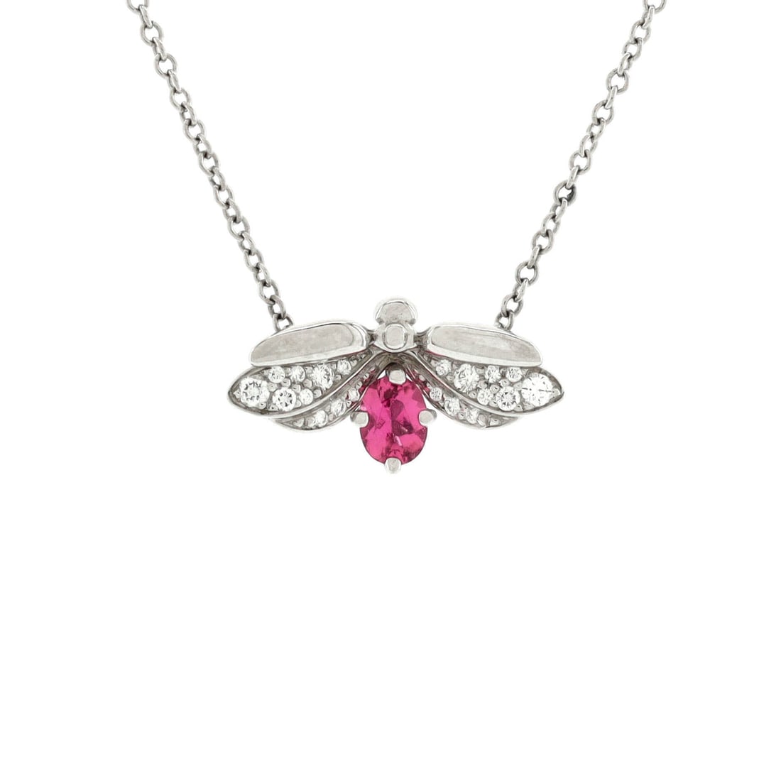 Tiffany & Co. Paper Flowers Firefly Pendant Necklace Small: Set in sterling silver, the Tiffany & Co. Paper Flowers Firefly Pendant Necklace sits with elegant intent against the collarbone. Worked in Platinum with Diamonds and Pink Tourmaline. Scale-wise it li