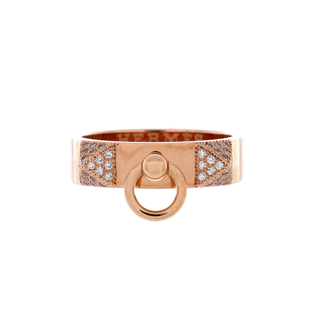 Hermes Collier de Chien Ring 18K Rose Gold and Diamonds Small: Band-confident, the Hermes Collier de Chien Ring reads at finger-length scale with a confident, sculpted profile. Worked in 18K Rose Gold and Diamonds. The band width sits in the wearable-stack range,