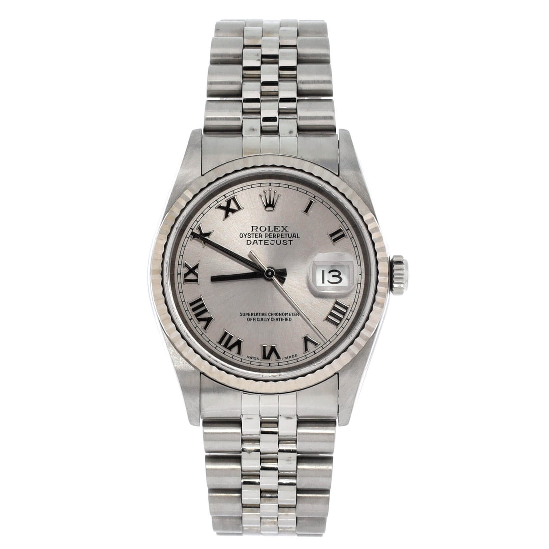 Rolex Oyster Perpetual Datejust Automatic Watch Stainless Steel and White Gold 36: Collector-grade, the Rolex Oyster Perpetual Datejust Automatic Watch carries its dial with editorial calm and sport-watch confidence. Worked in Stainless Steel and White Gold. Its case-to-bracelet rat