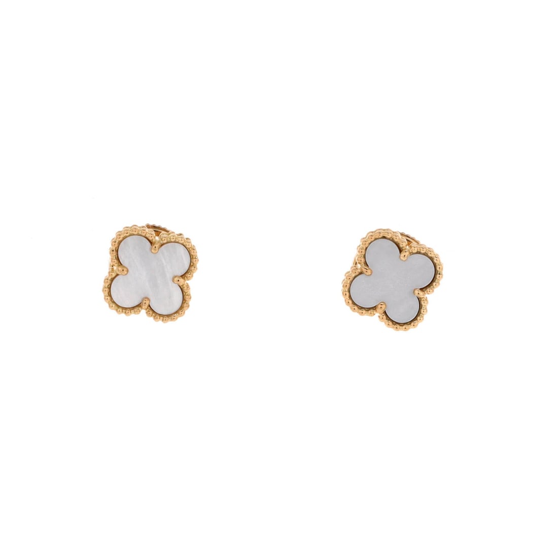 Van Cleef & Arpels Sweet Alhambra Stud Earrings 18K Yellow Gold and Mother of Pearl: Face-framing, the Van Cleef & Arpels Sweet Alhambra Stud Earrings pairs sculptural calm with house-signature lift. Worked in 18K Yellow Gold and Mother of Pearl. Sized at 9.25 by 9.25 inches, the prop