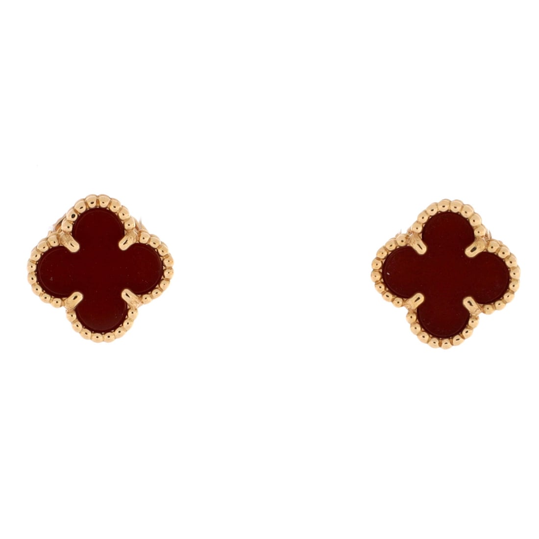 Van Cleef & Arpels Sweet Alhambra Stud Earrings 18K Rose Gold and Carnelian: Paired with poise, the Van Cleef & Arpels Sweet Alhambra Stud Earrings pulls focus without crowding the neckline. Worked in 18K Rose Gold and Carnelian. Sized at 9.3 by 9.3 inches, the proportion read