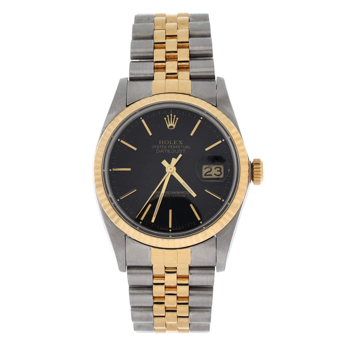 Rolex Oyster Perpetual Datejust Automatic Watch Stainless Steel and Yellow Gold 36: Drawn in polished metal, the Rolex Oyster Perpetual Datejust Automatic Watch reads on the wrist with precise case presence and house-trained legibility. Worked in Stainless Steel and Yellow Gold. On t
