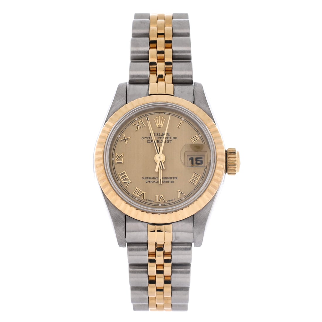 Rolex Oyster Perpetual Datejust Automatic Watch Stainless Steel and Yellow Gold 26: House-polished, the Rolex Oyster Perpetual Datejust Automatic Watch balances daily wearability with collector pedigree. Worked in Stainless Steel and Yellow Gold. Its case-to-bracelet ratio is exactly