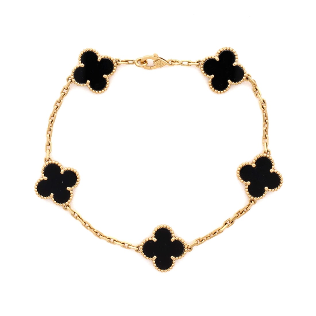 Van Cleef & Arpels Vintage Alhambra 5 Motifs Bracelet 18K Yellow Gold and Onyx: Daily-rotation ready, the Van Cleef & Arpels Vintage Alhambra 5 Motifs Bracelet translates house code into daily wear. Worked in 18K Yellow Gold and Onyx. The wrist fit is tuned for daily wear, easy t