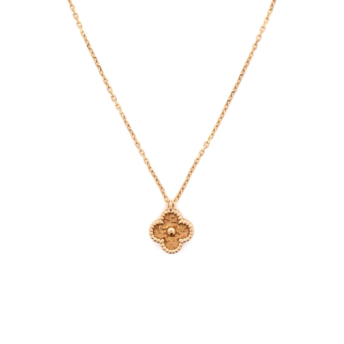 Van Cleef & Arpels Sweet Alhambra Pendant Necklace 18K Rose Gold: Cast in rose gold, the Van Cleef & Arpels Sweet Alhambra Pendant Necklace pulls focus to the collarbone with composed restraint. Worked in 18K Rose Gold. Its proportions slip cleanly under a collar ye