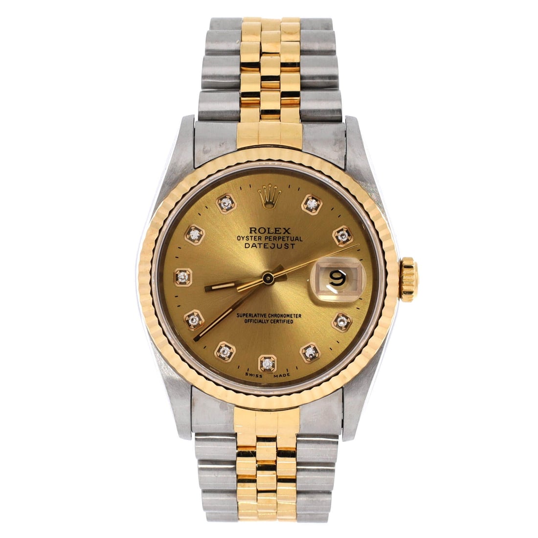 Rolex Oyster Perpetual Datejust Automatic Watch 36: Rendered in polished metal, the Rolex Oyster Perpetual Datejust Automatic Watch layers movement, dial, and bracelet into one fluent silhouette. Worked in Stainless Steel and Yellow Gold with Diamond M