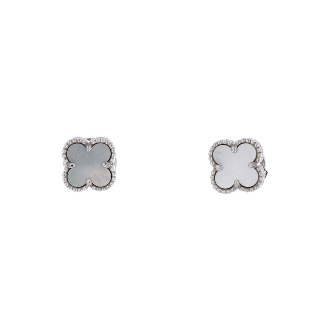 Van Cleef & Arpels Sweet Alhambra Stud Earrings 18K White Gold and Mother of Pearl: Hung in white gold, the Van Cleef & Arpels Sweet Alhambra Stud Earrings holds motion without overwhelming the jawline. Worked in 18K White Gold and Mother of Pearl. Sized at 9.3 by 9.3 inches, the pro