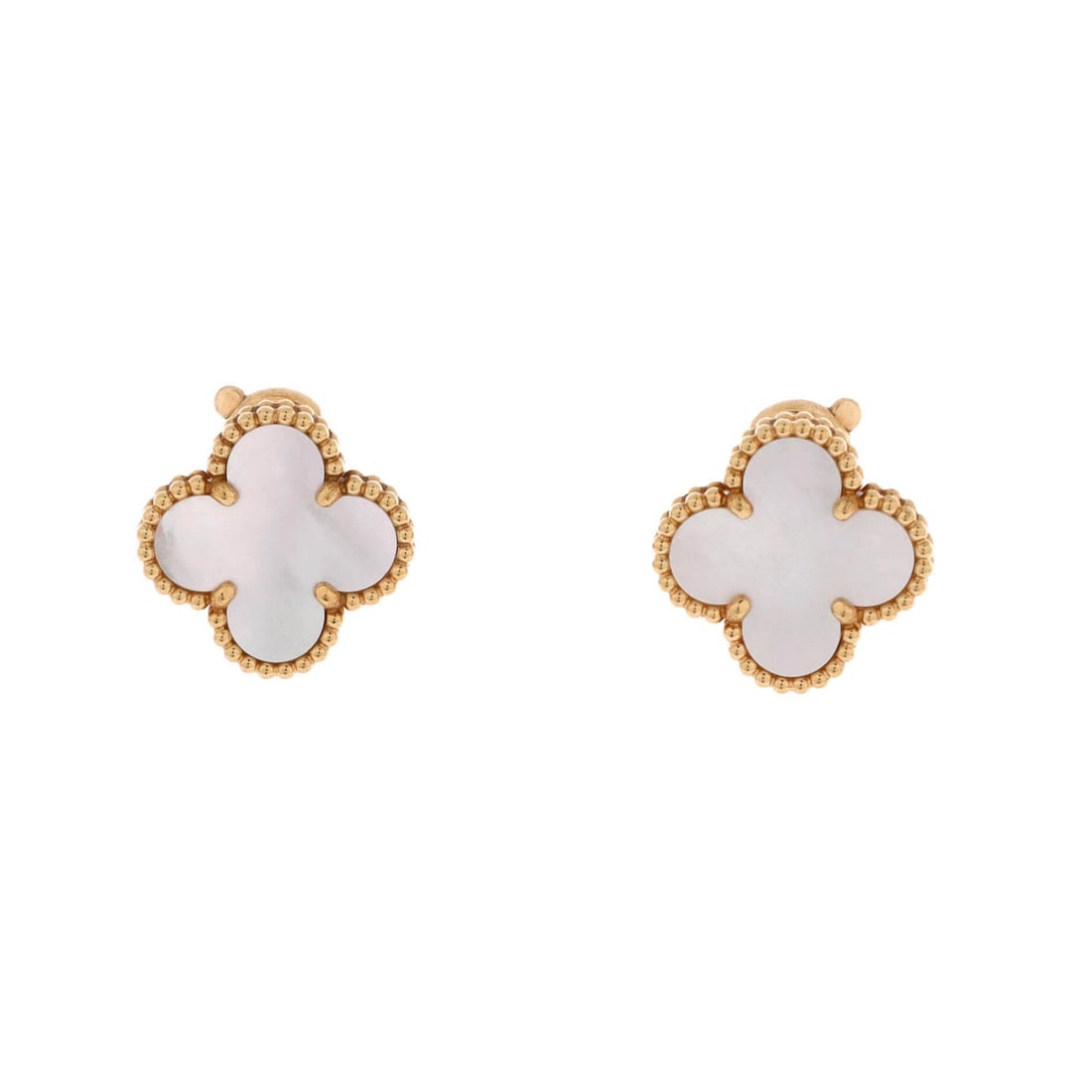 Van Cleef & Arpels Vintage Alhambra Earrings 18K Yellow Gold and Mother of Pearl: Rendered in yellow gold, the Van Cleef & Arpels Vintage Alhambra Earrings threads a discreetly captivating drop. Worked in 18K Yellow Gold and Mother of Pearl. Sized at 14.75 by 14.85 inches, the prop